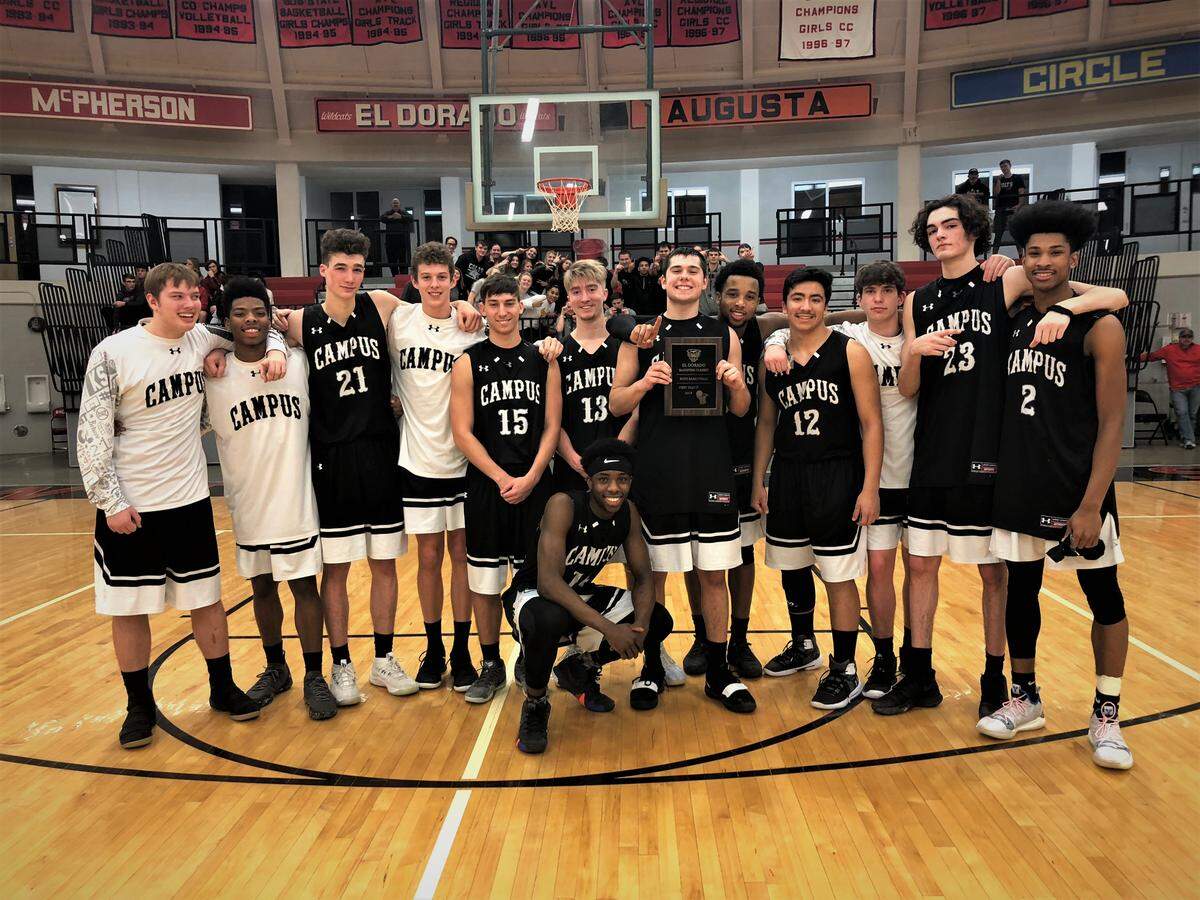 Campus poses with championship plaque after winning the 2019 Bluestem Classic in El Dorado. The Colts beat undefeated Trinity Academy 57-38 on Monday night. (Jan. 21, 2019)