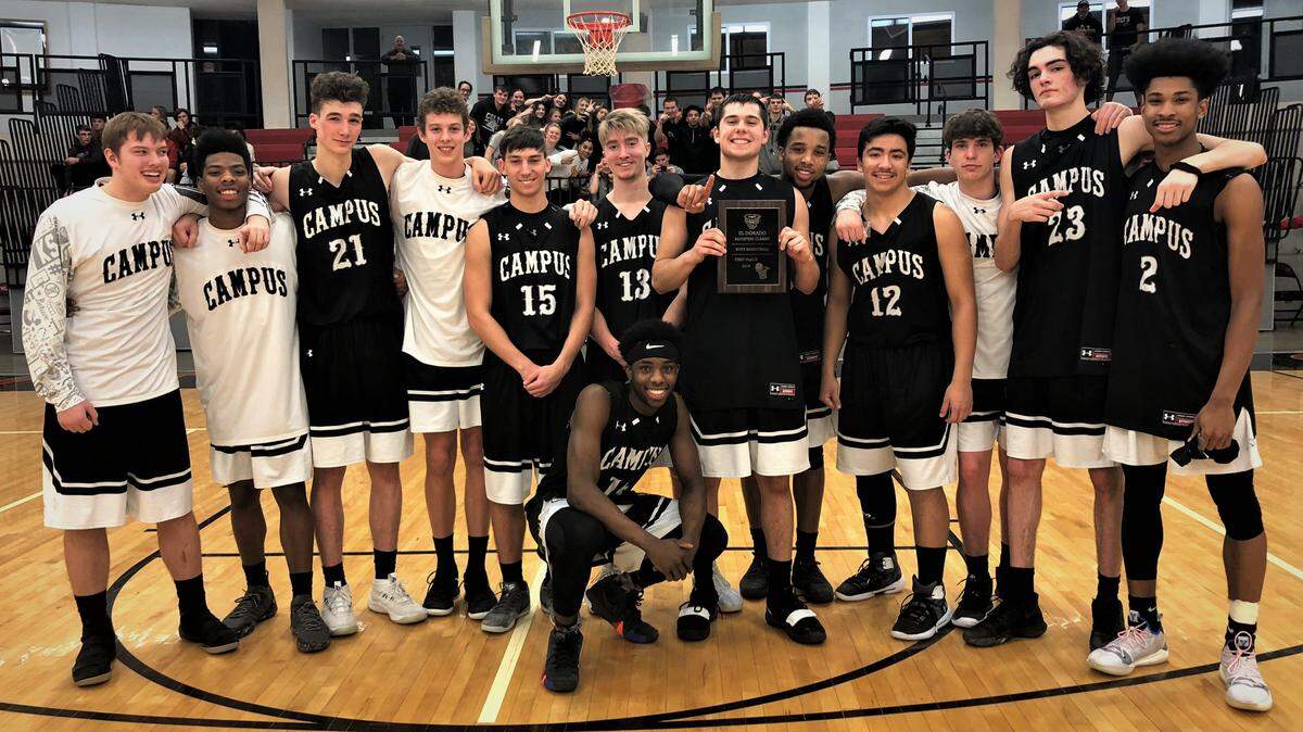 Campus poses with championship plaque after winning the 2019 Bluestem Classic in El Dorado. The Colts beat undefeated Trinity Academy 57-38 on Monday night. (Jan. 21, 2019)