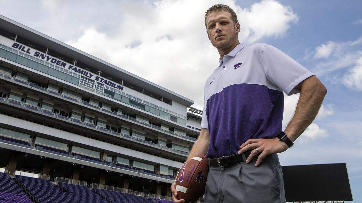 Kansas State quarterback coach Collin Klein poses for a portrait at Bill Snyder Family Stadium on Saturday, Aug. 9, 2019.