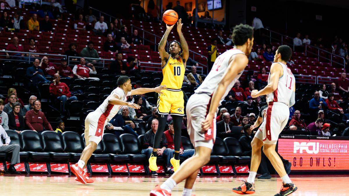 Jaykwon Walton makes a 3-pointer in the first half of Wichita State’s road game at Temple on Thursday evening.