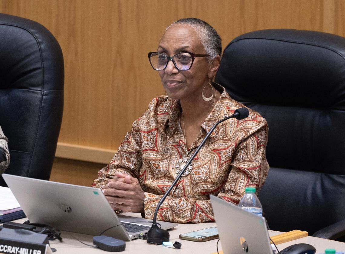 Melody McCray-Miller attends her first Wichita school board meeting after she won a seat on the board in November 2024. McCray-Miller eventually stepped away from the board due to illness.