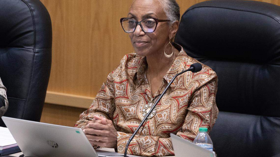 Melody McCray-Miller attends her first Wichita school board meeting after she won a seat on the board in November 2023. McCray-Miller eventually stepped away from the board due to illness, and died Sunday.