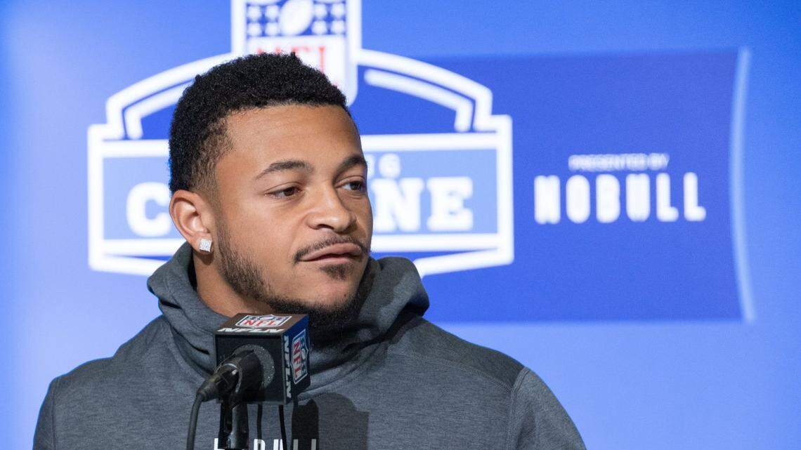Mar 4, 2023; Indianapolis, IN, USA; Kansas State running back Deuce Vaughn (RB27) speaks to the press at the NFL Combine at Lucas Oil Stadium. Mandatory Credit: Trevor Ruszkowski-USA TODAY Sports