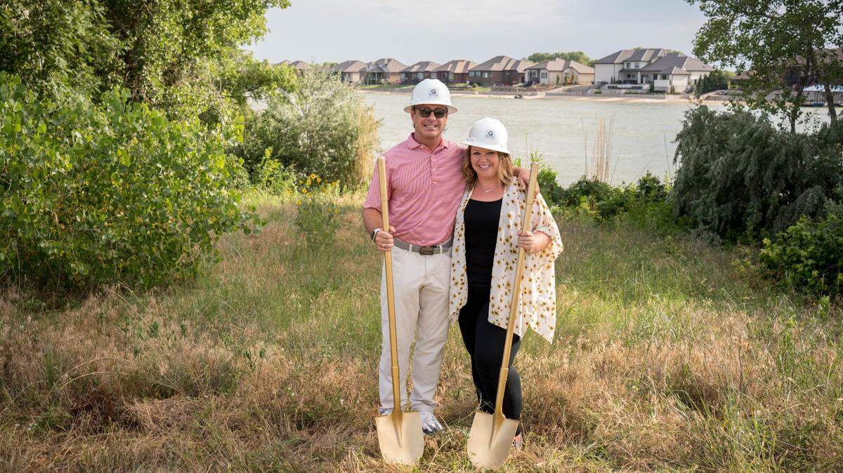 John Arnold, left, and his business partner Lauren Irwin are pictured at Friday’s groundbreaking for the new Deano’s in northwest Wichita. They hope to have it open by April 2024.
