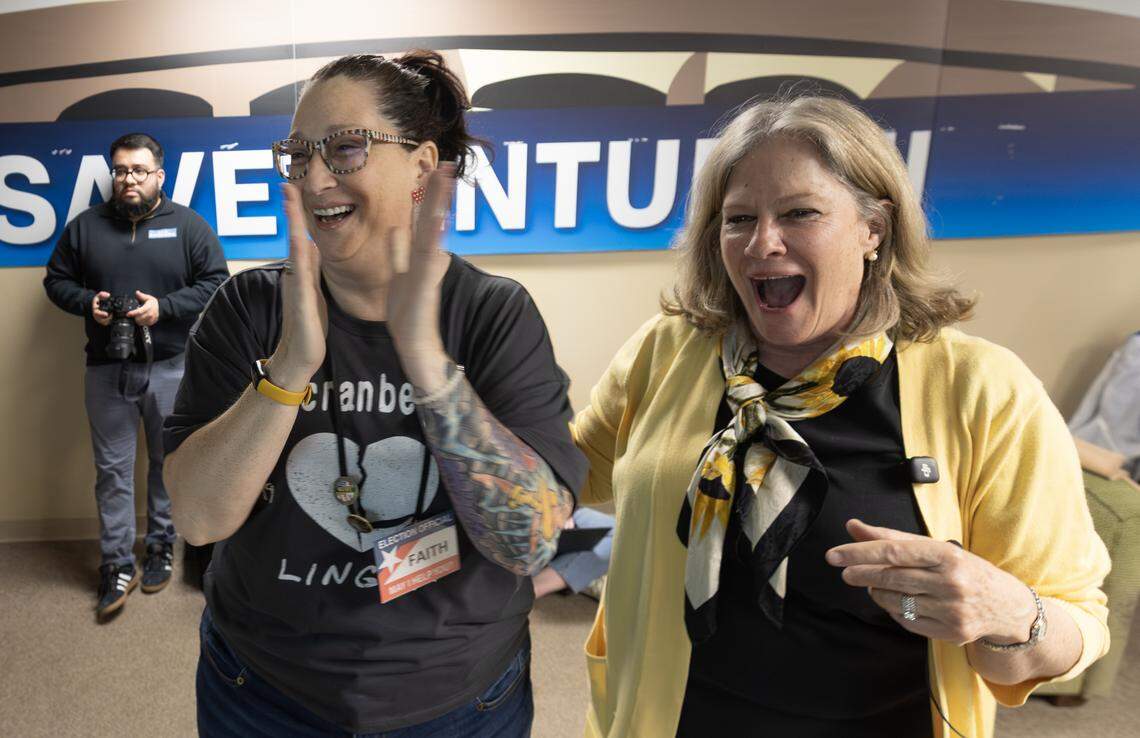Celeste Racette, right, and Faith Martin react as election returns show the voters rejecting a proposed sales tax increase by a wide margin.