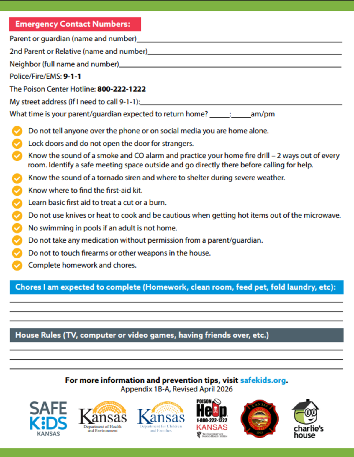 A handout that adults can provide their children before leaving them home alone.
