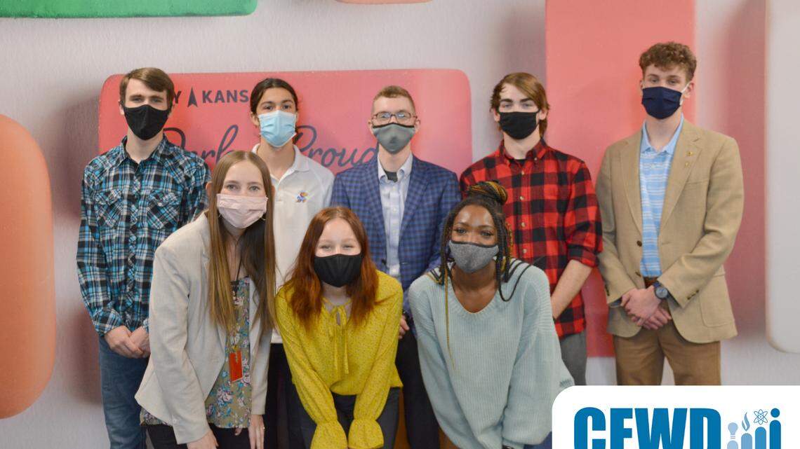 The Derby High School team poses for a photo during the virtual Center for Energy Workforce Development competition. From left to right, (back row) Kley Davis, Magnus Moeder, Bryce Schreiber, Camdan Cooper, Samuel Griffitt, (front row) Ms. Brianna Bosley, Bryleigh Cross, Aneesa Abdul-Hameed. Not Pictured: Jaidyn Schomp.