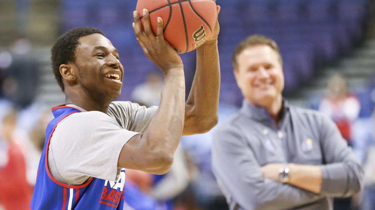 Kansas’ Andrew Wiggins joked with coach Bill Self as he practiced in preparation for a 2014 NCAA Tournament game against Eastern Kentucky.