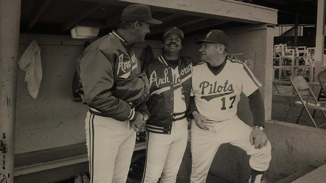 Steve McFarland (center) is pictured alongside assistants Brent Kemnitz (left), the former WSU pitching coach, and Jack O’Toole. They were the coaching staff that led the Anchorage Pilots to the NBC World Series title in 1986.