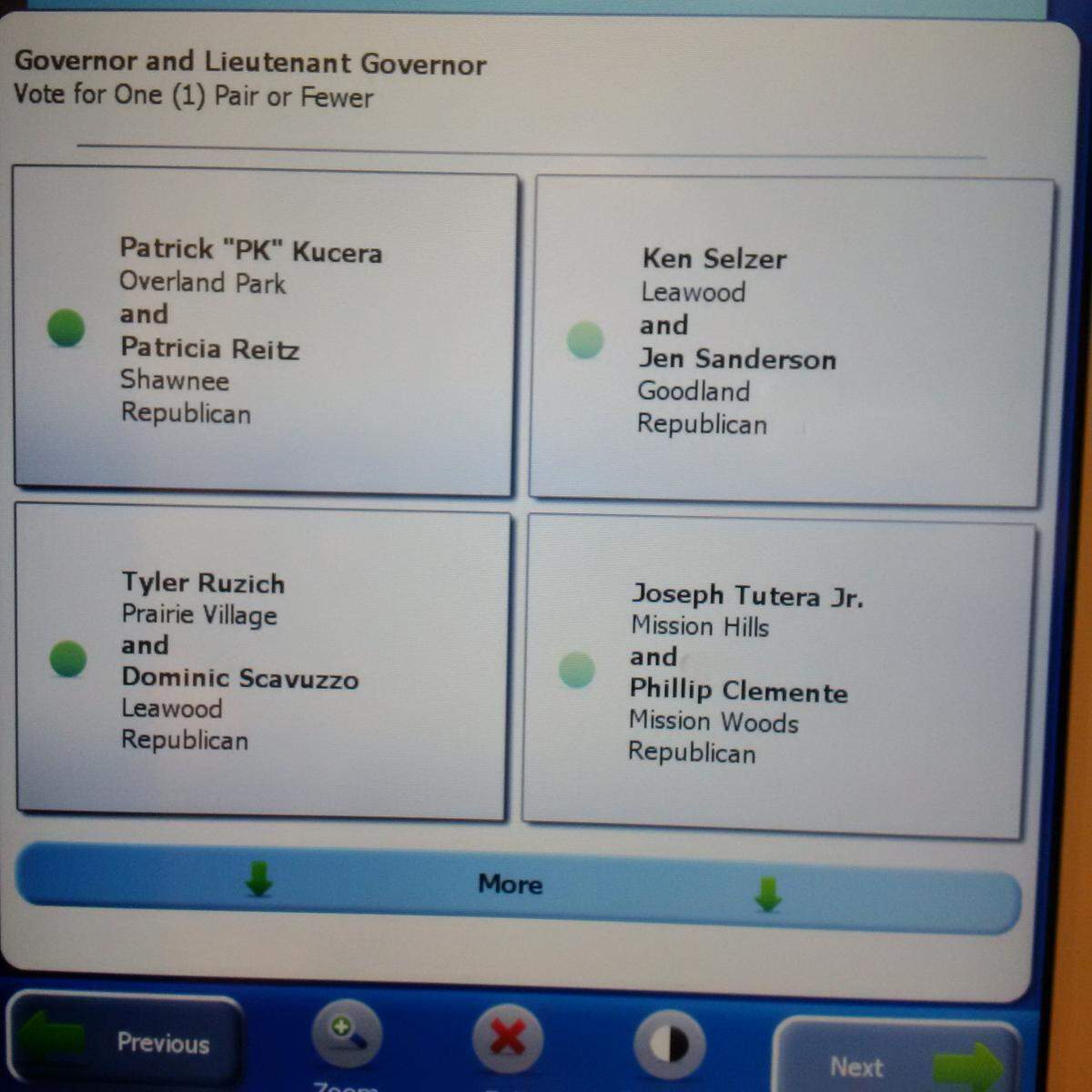 On this sample screen on a Sedgwick County voting machine, you’d have to click “more” to get to a page where you could vote for Gov. Jeff Colyer, Kris Kobach or Jim Barnett.