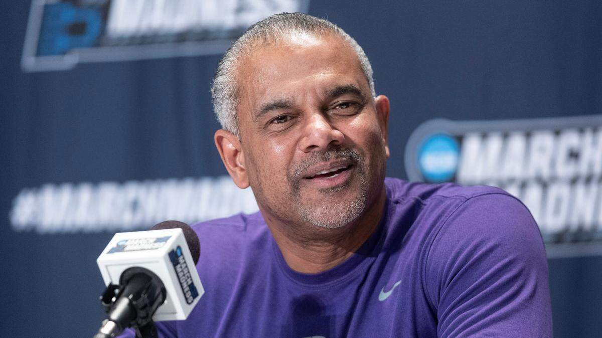 Kansas State head coach Jerome Tang answers questions at Greensboro Coliseum ahead of the first round of the NCAA Tournament vs. Montana State.