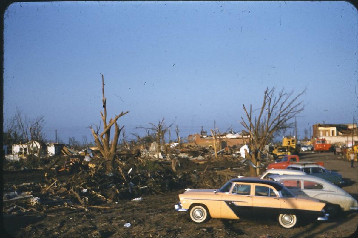 Damage caused by the tornado that struck Udall, Kansas in 1955.