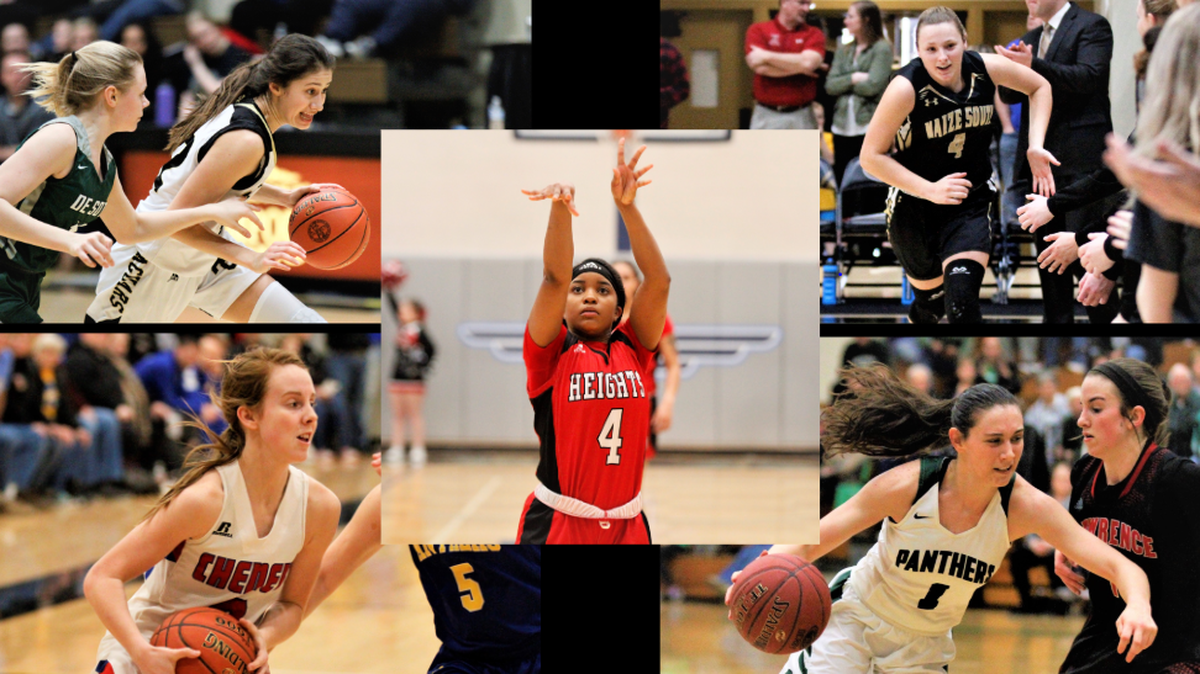The 2019-20 Wichita Eagle and Varsity Kansas All-Metro girls basketball team: Andover Central’s Brittany Harshaw (top left), Maize South’s Katie Wagner (top right), Wichita Heights’ Taylor Jameson (center), Cheney’s Kylee Scheer (bottom left) and Derby’s Sydney Nilles (bottom right)