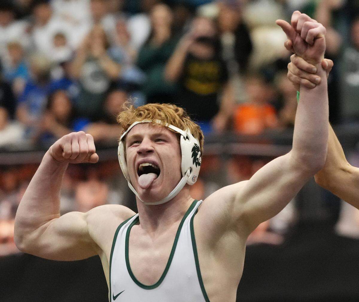Desoto High School’s Emerson Tjaden reacts after winning the state championship in the 5A tournament in February 2026.