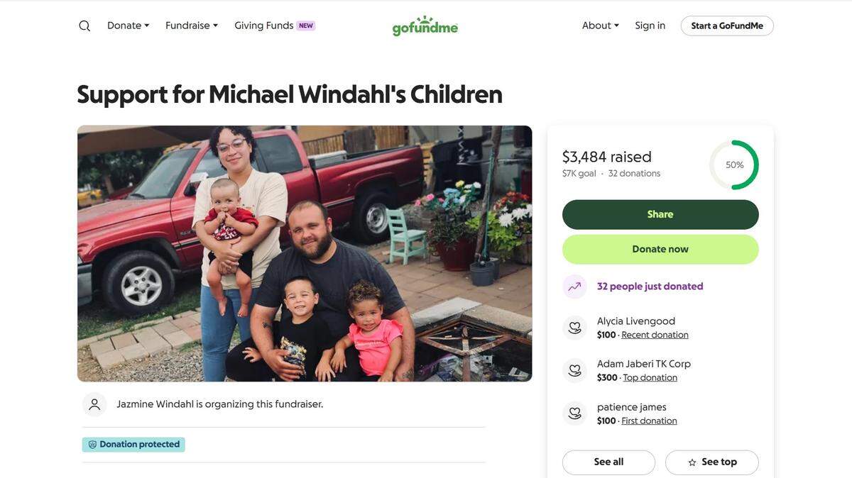 The GoFundMe page for Michael Windahl’s family.