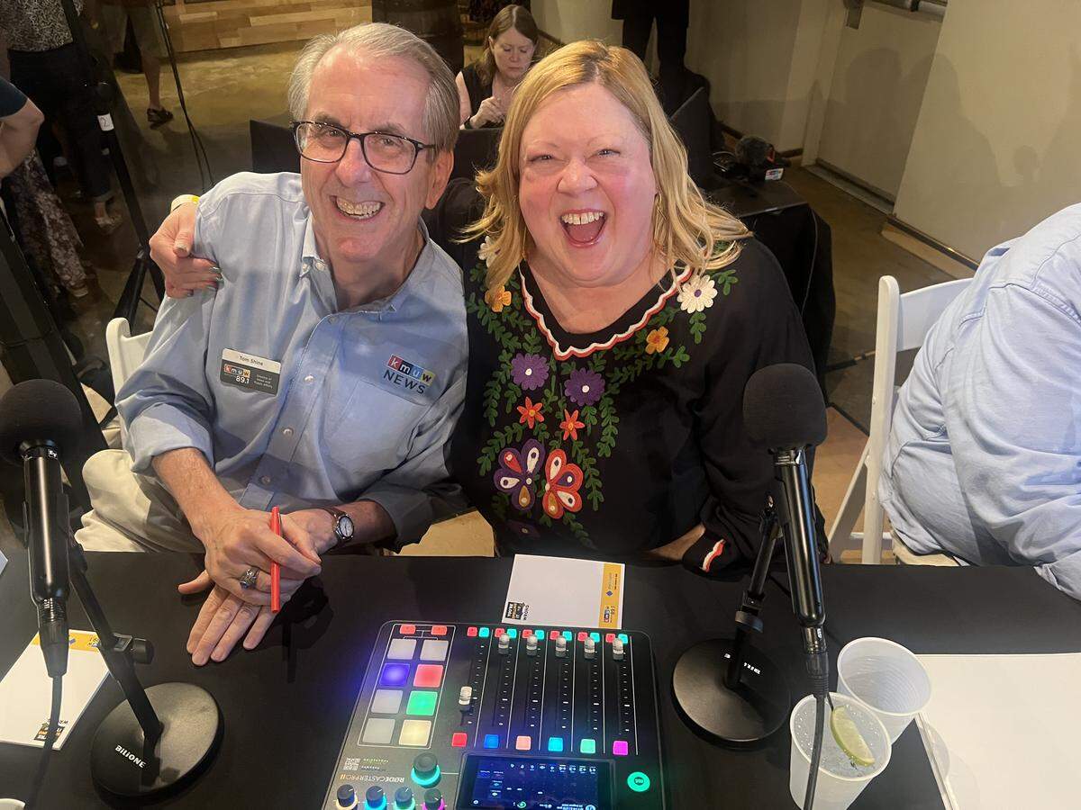 The author and Tom Shine, one of her favorite mentors who also may or may not be a distant relative. The two were judges at the KMUW “You’re Spelling It Wrong” spelling bee Friday.