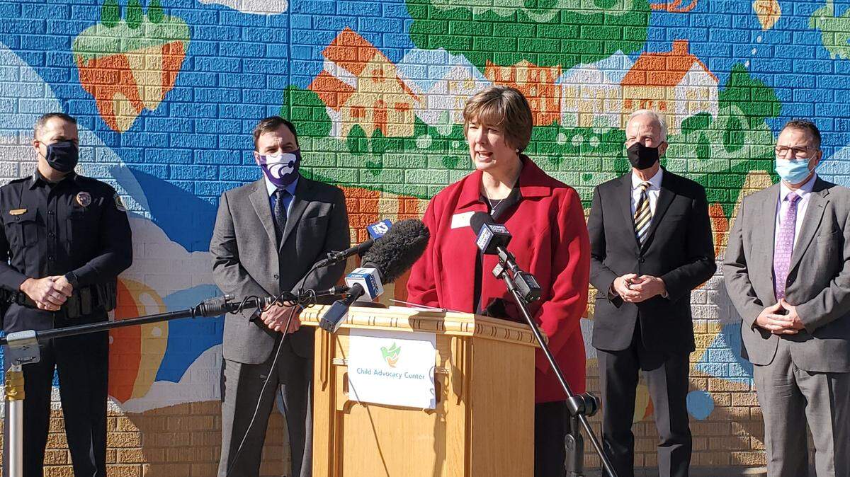 Child Advocacy Center of Sedgwick County CEO Diana Schunn speaks during a news conference in 2020.