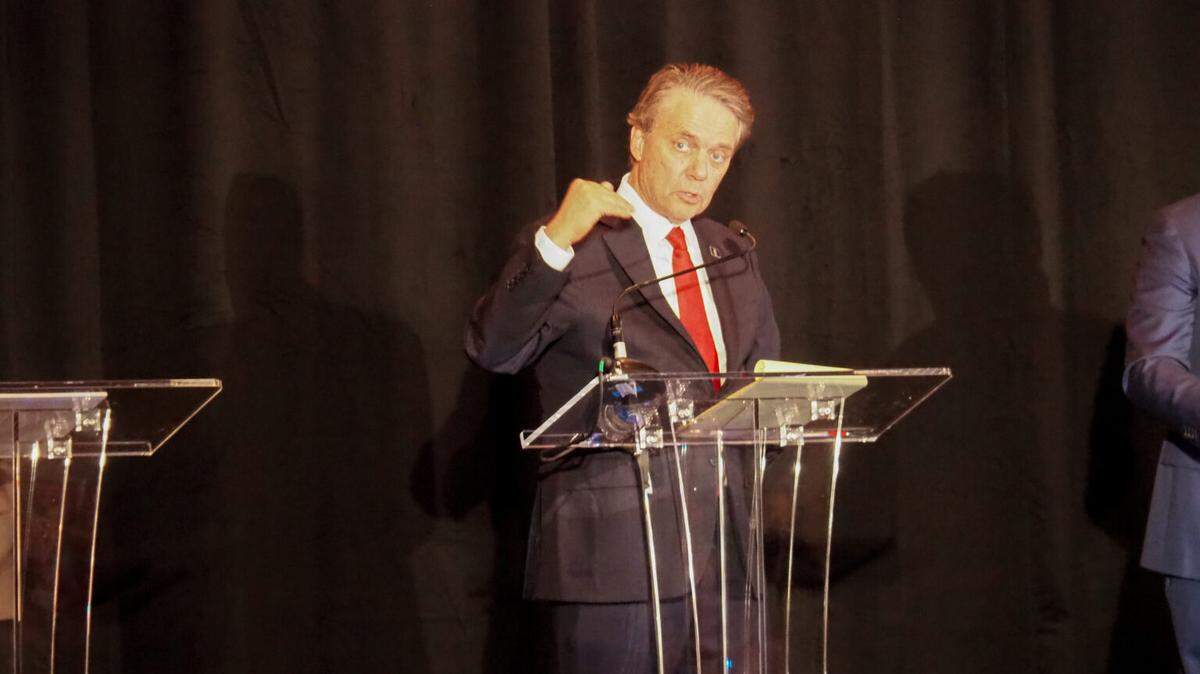 Former Gov. Jeff Colyer makes a point during the Kansas Republican Party’s gubernatorial candidate debate in Wichita. Six contenders took part, but Insurance Commissioner Vicki Schmidt declined because the state GOP demanded a $10,000 contribution to take part.
