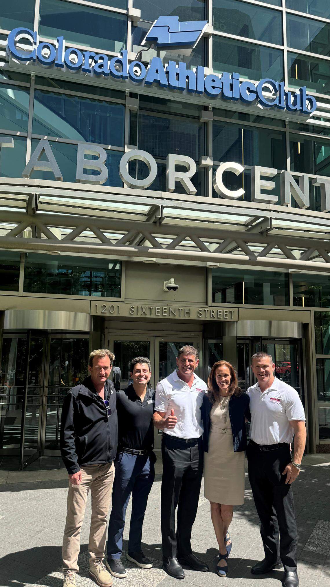 Rodney Steven II, center, pictured in Colorado this week after purchasing four clubs there and five more in New Mexico. With him are, from left, Mike Racine, Genesis vice president of operations; Rodney Steven III, Genesis regional manager; JoAnna Welle, COO of the Wellbridge Company, which sold the nine clubs; and Preston Petersen, Genesis regional vice president.