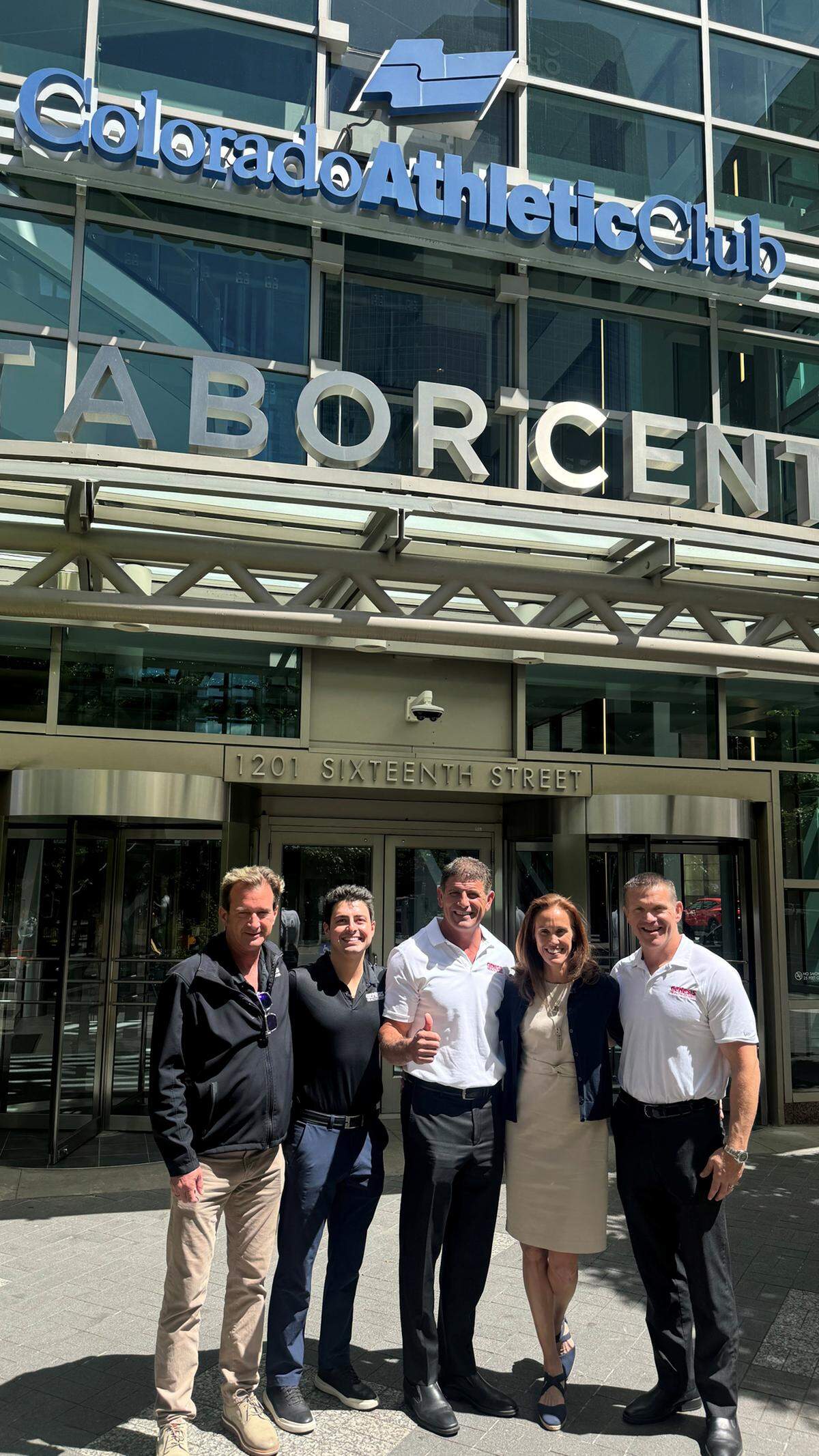 Rodney Steven II, center, pictured in Colorado this week after purchasing four clubs there and five more in New Mexico. With him are, from left, Mike Racine, Genesis vice president of operations; Rodney Steven III, Genesis regional manager; JoAnna Welle, COO of the Wellbridge Company, which sold the nine clubs; and Preston Petersen, Genesis regional vice president.