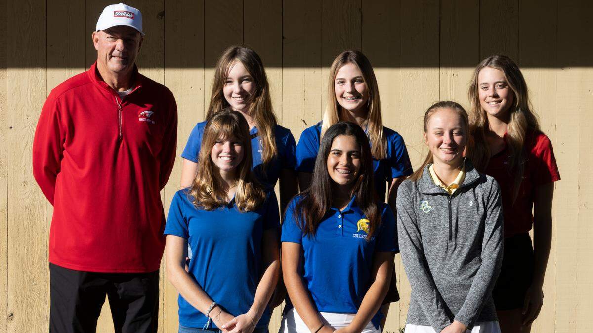 The 2022 Wichita Eagle All-Metro team for girls golf. Front row (from left to right): Kapaun’s Meg Tilma, Collegiate’s Margaret Ulrich, Carroll’s Keira Ronsick. Back row (from left to right): Maize coach Ben Harlow, Kapaun’s Alexis Garrett, Andover’s Regan Dusenbery, Maize’s Kinslea Jones.