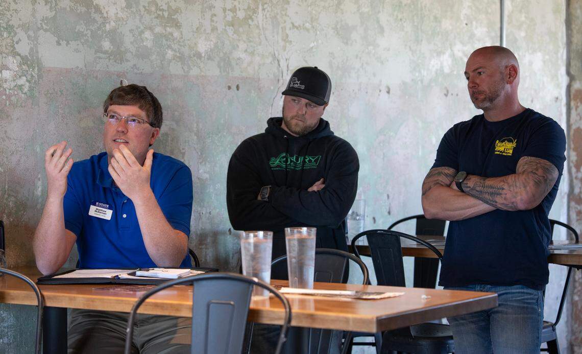 Matthew McKernan, a Sedgwick County Extension agent, met with a group of local nursery owners Tuesday at Wichita Brewing Company in Delano to discuss the city’s water restrictions.