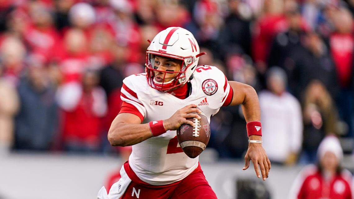 Nebraska quarterback Adrian Martinez (2) during the first half of an NCAA college football game against Wisconsin Saturday, Nov. 20, 2021, in Madison, Wis. (AP Photo/Andy Manis)