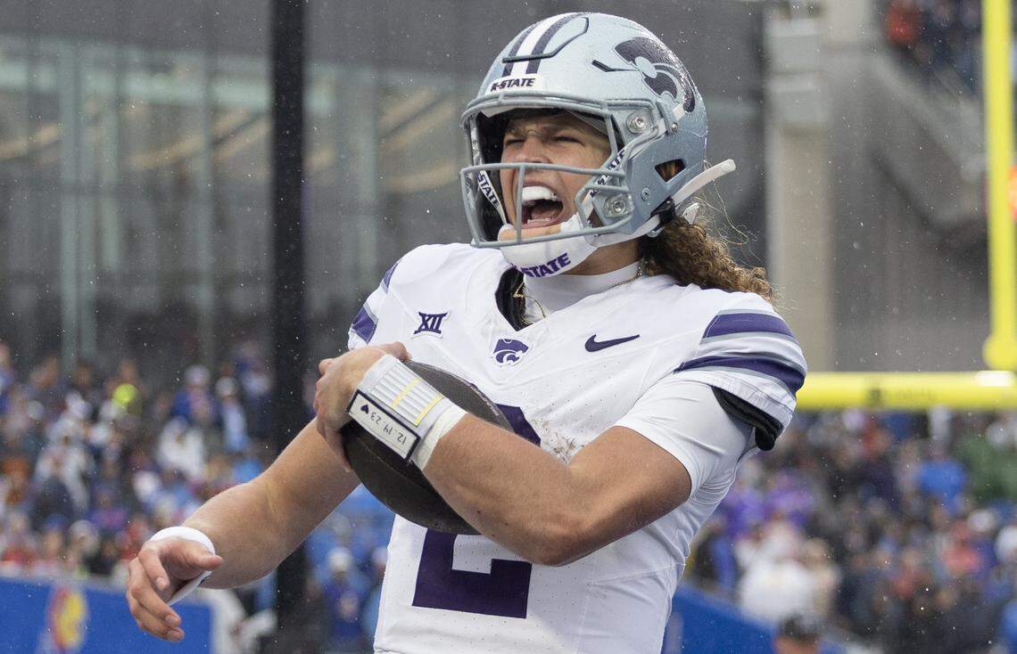 Kansas State’s Avery Johnson celebrates a touchdown in the first quarter of a game against Kansas at David Booth Kansas Memorial Stadium on Saturday, Oct. 25, 2025.