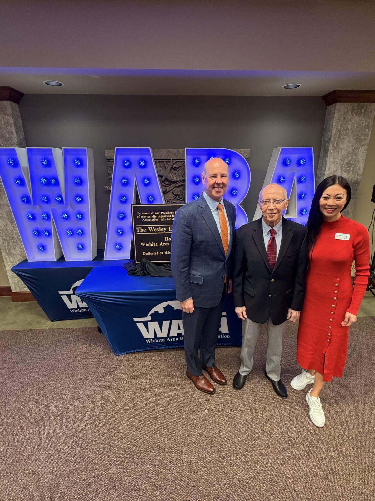 Wess Galyon, center, with National Association of Home Builders CEO Jim Tobin and Wichita Mayor Lily Wu at the February celebration and dedication of the renamed Wesley E. Galyon Building.
