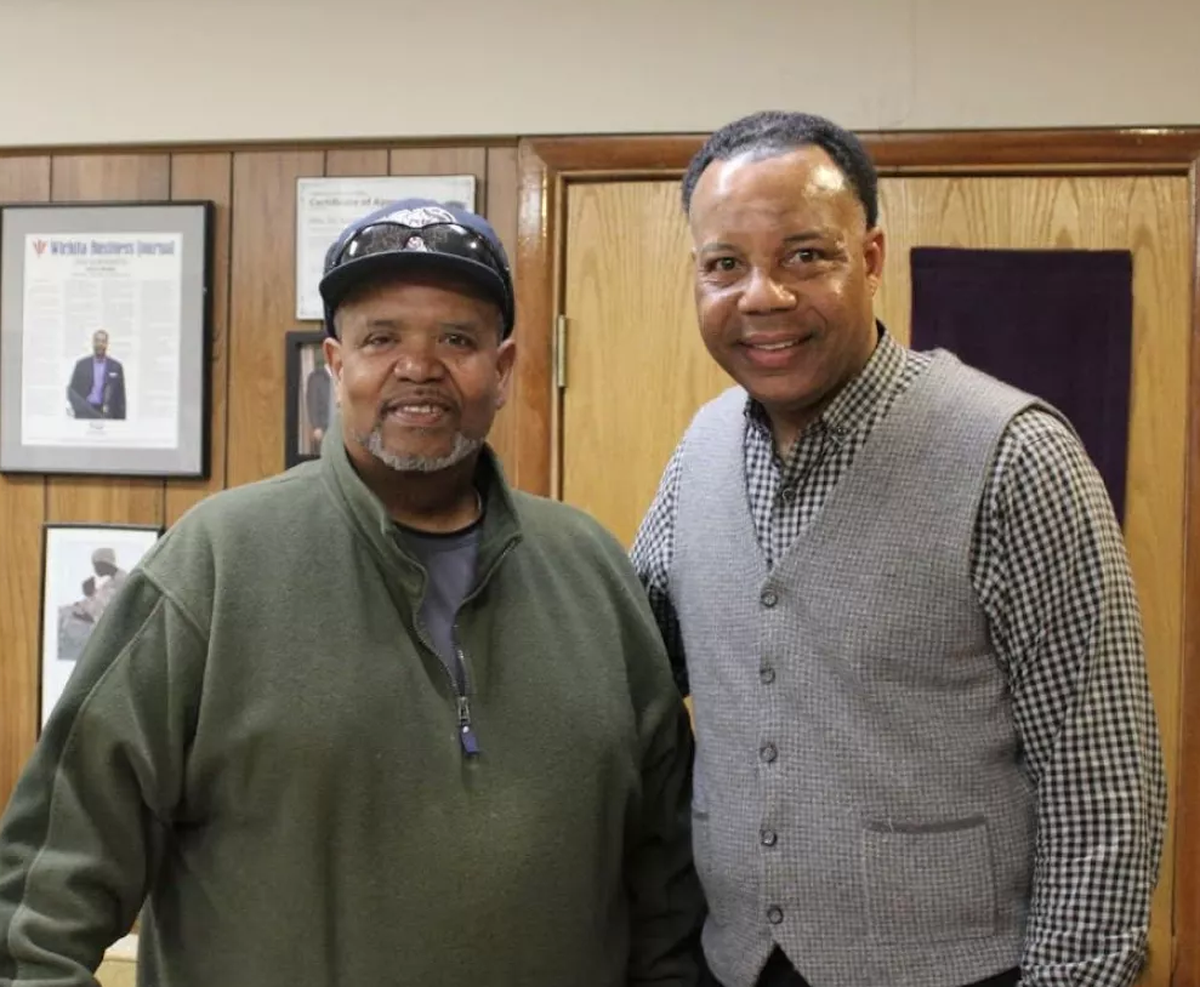 Greg Thompson with the Rev. Kevass Harding, a Wichita pastor and the executive director of HOPE Community Development Corporation. Thompson attends Harding’s church.