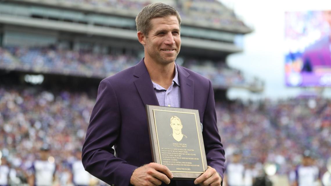 Jordy Nelson is inducted into the Kansas State athletics Hall of Fame at Bill Snyder Family Stadium.