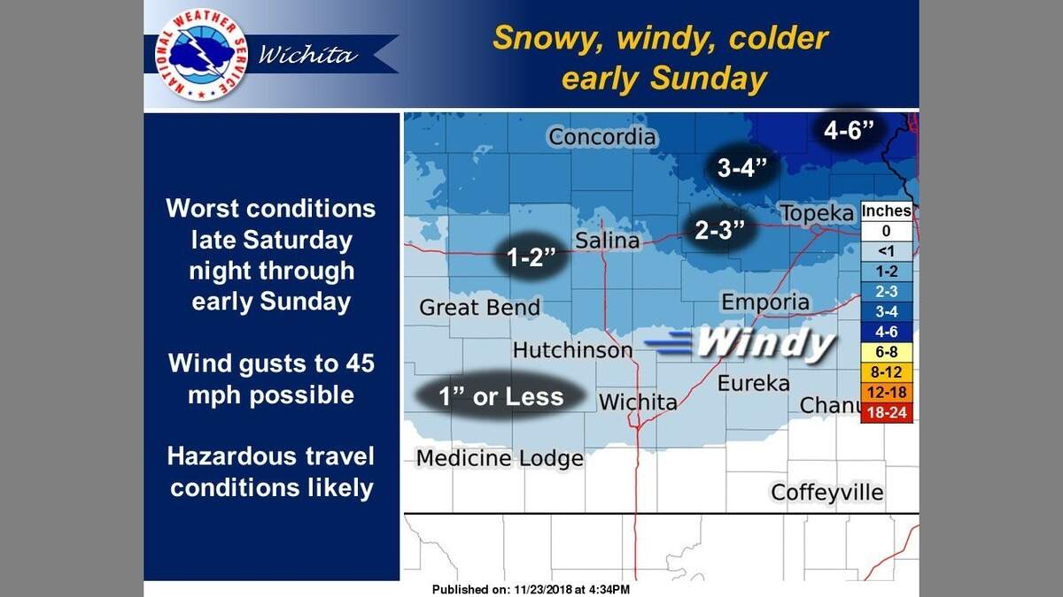 Forecasters predict snowfall across much of central Kansas on Sunday, especially along I-70, as travelers return home from a holiday weekend.