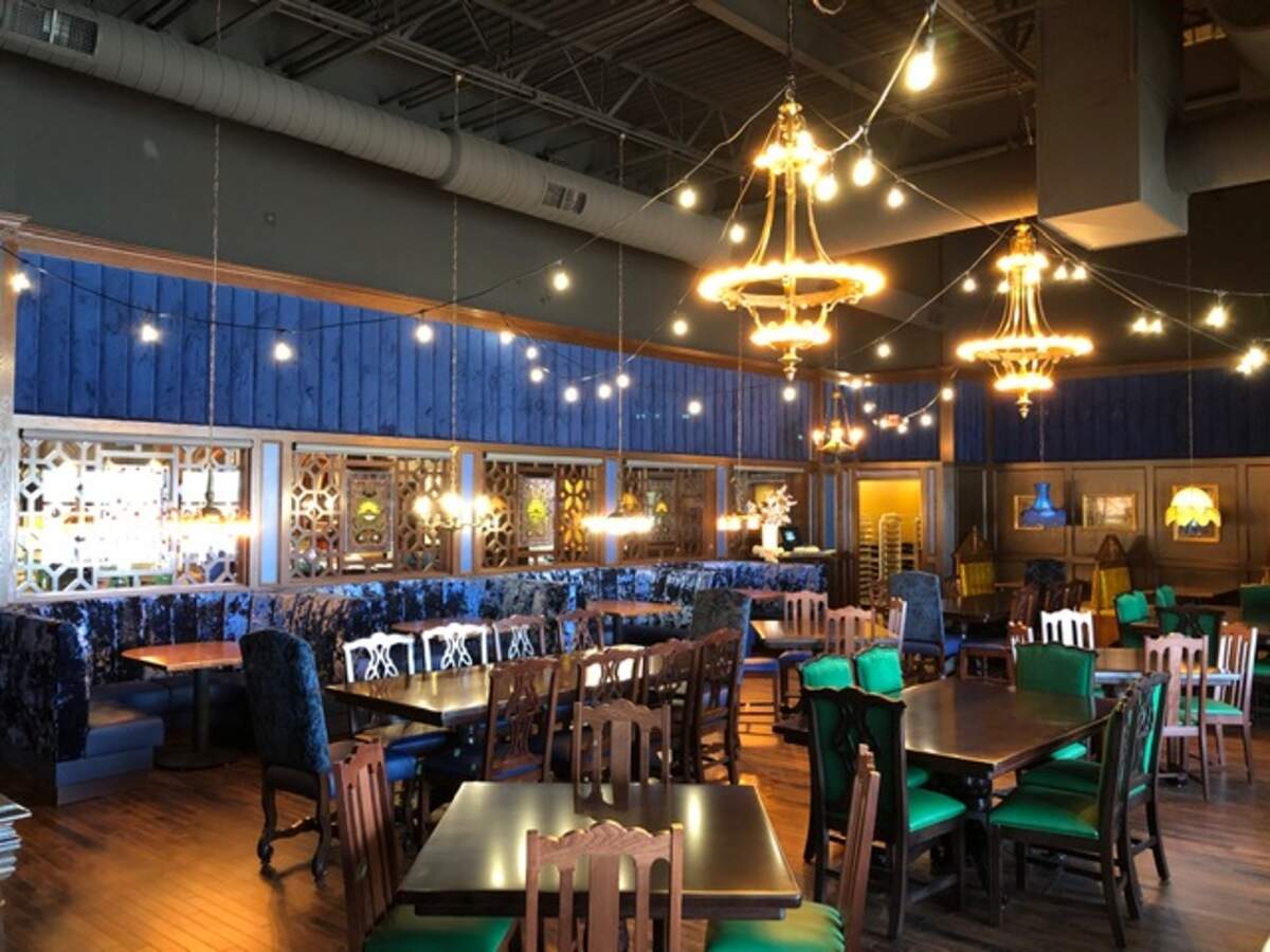 The interior of The Old Spaghetti Factor has dramatic old-world touches.