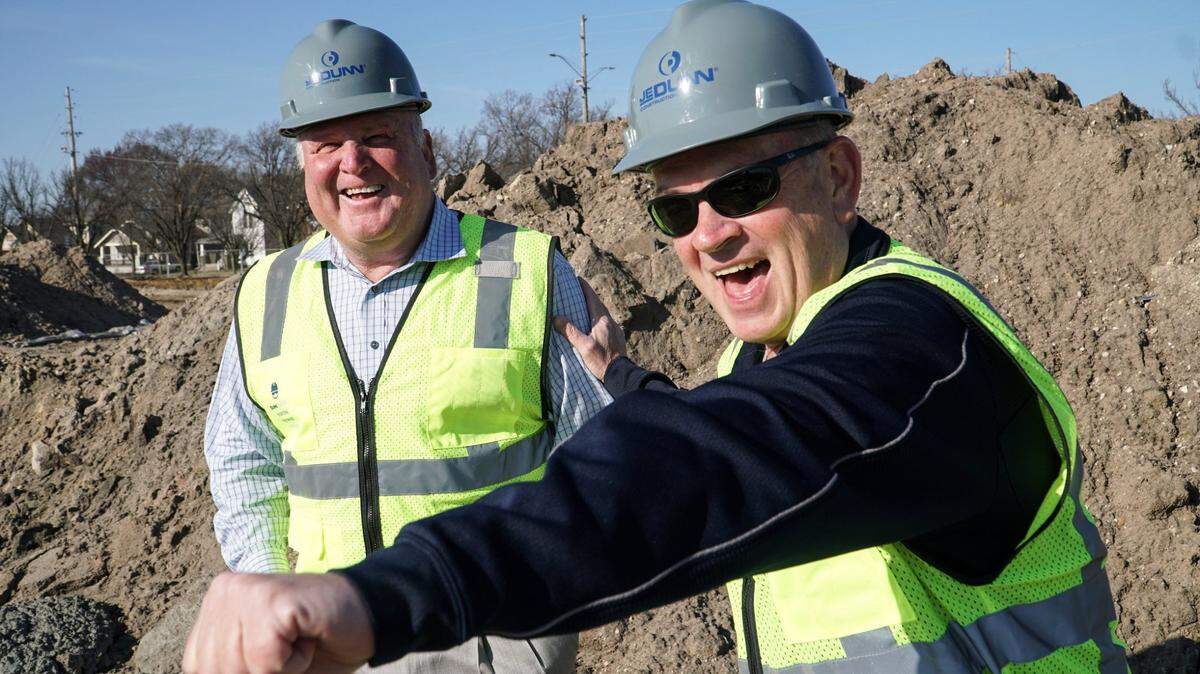 Original Wind Surge president Jay Miller, left, is returning to the team in the same position. He left five months after the 2020 COVID-19 death his longtime friend Lou Schwechheimer, right. In this file photo, the two are shown at Riverfront Stadium when it was under construction in 2019.