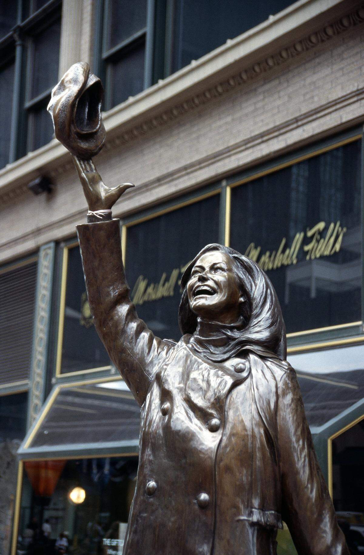 Mary Tyler Moore's celebratory hat-toss is frozen in bronze in Minneapolis where it happened at downtown's Nicollet Mall.