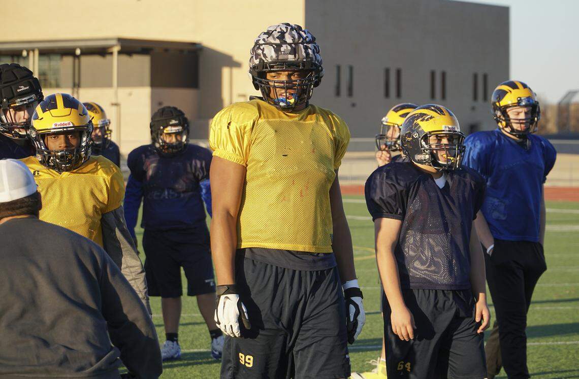 Wichita Northwest senior Marcus Hicks practices with his team before headed to the state championship game. Hicks is 6-foot-6, 275 pounds and has verbally committed to Oklahoma. (November 21, 2018)