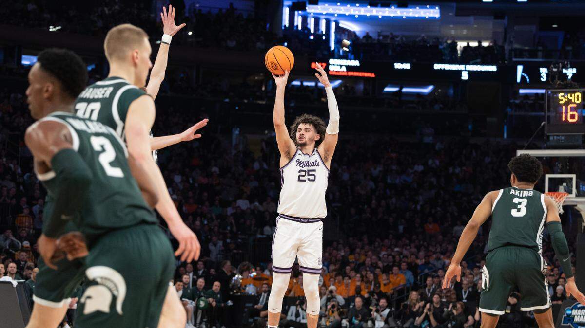 Kansas State’s Ismael Massoud sinks one of his four three pointers during the second half of an East Regional semifinal game against Michigan State at Madison Square Garden on Thursday night.
