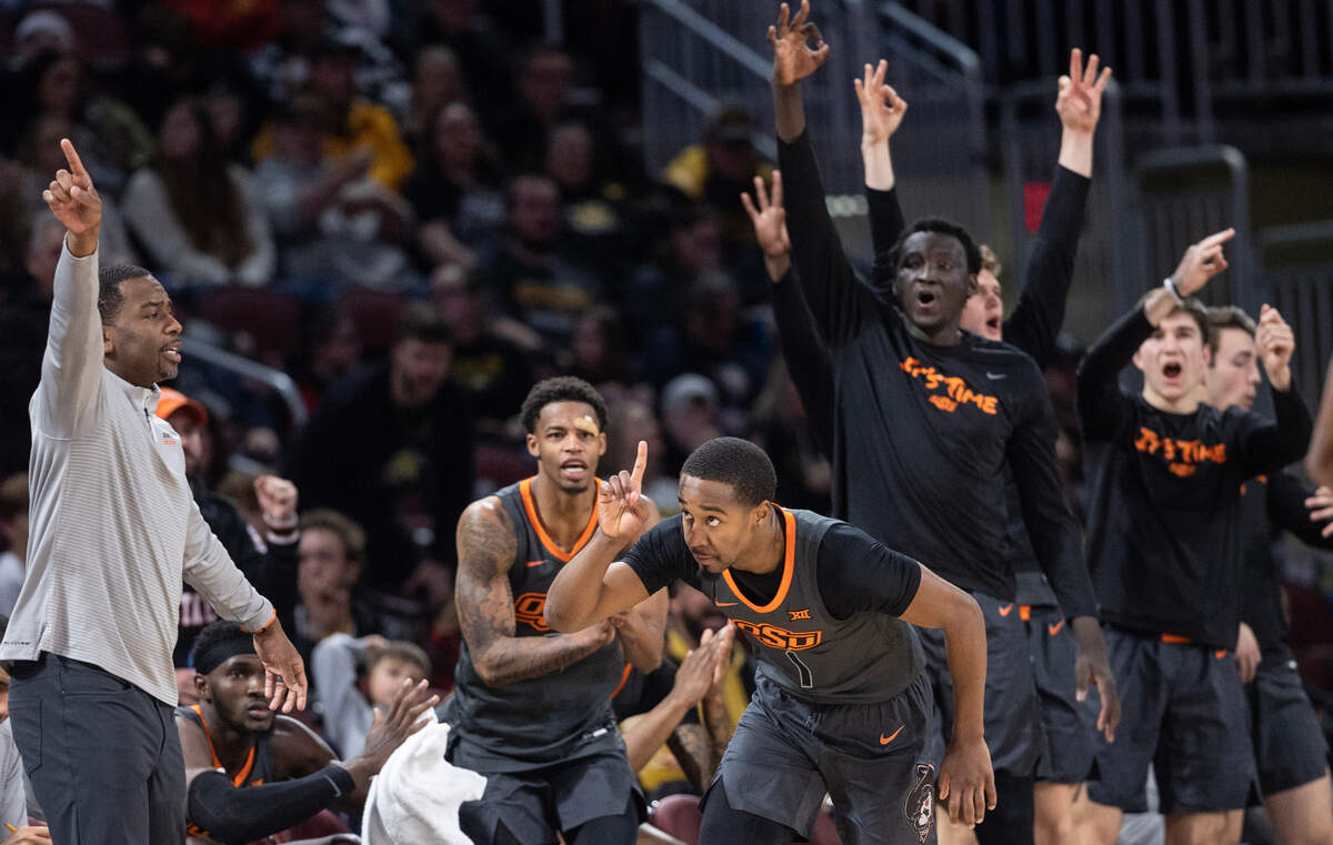 Oklahoma State’s Bryce Thompson celebrates a three pointers during the second half against Wichita State at Intrust Bank Arena on Saturday night.