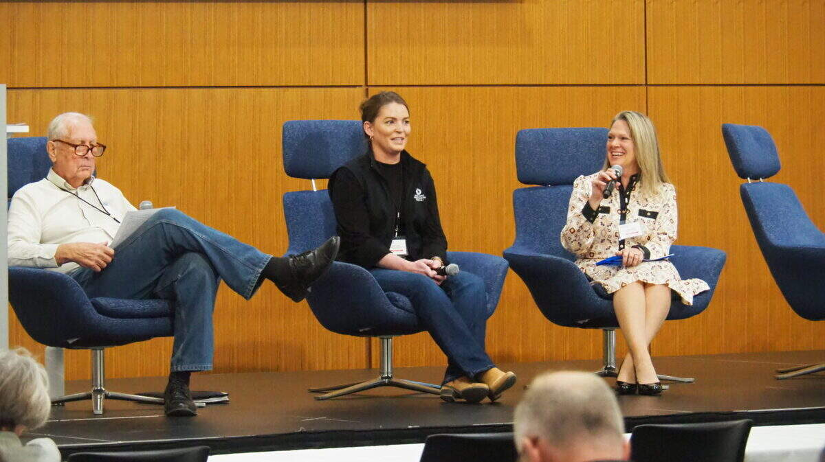 Paul Johnson, policy analyst of the Kansas Rural Center; Katie Durham, manager of Western Kansas Groundwater Management District No. 1; and Susan Metzger, director of the Kansas Water Institute at Kansas State University, share water policy insights Thursday at the Kansas Economic Policy Conference in Lawrence.