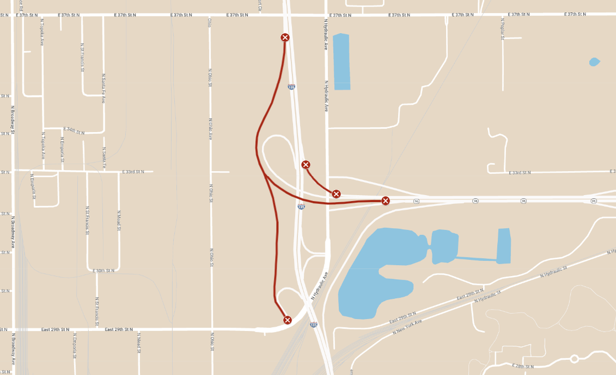 Map showing where construction will cause ramp closures on I-135 and K-96 on Saturday, May 4.