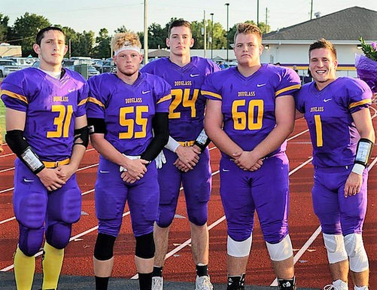 Douglass seniors Zachary Dressler (31), Kyle Hurd (55), Kaleb Hurd (24), Landon Ramey (60) and Kolby Caster (1).