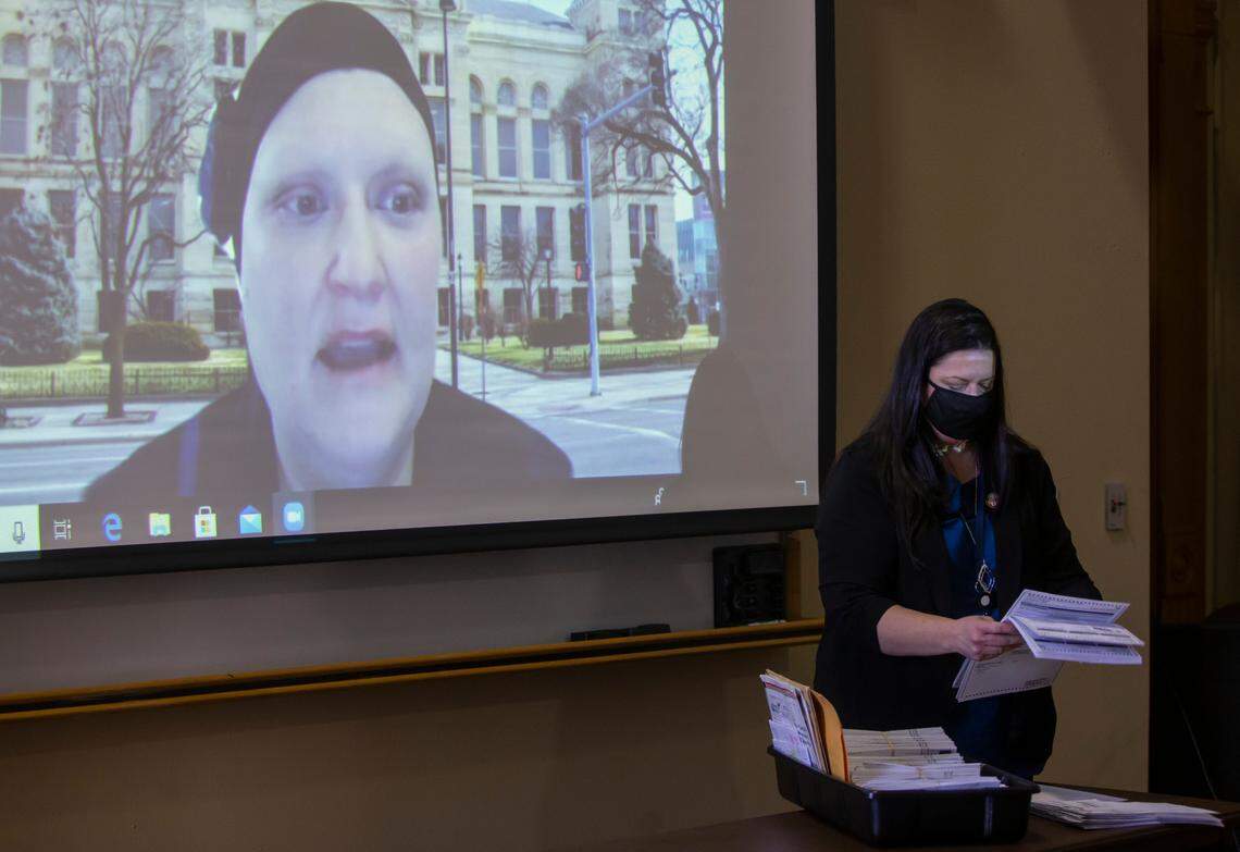 File photo: Sedgwick County Election Commissioner Tabitha Lehman addresses the county election board via video during their canvassing meeting in November.