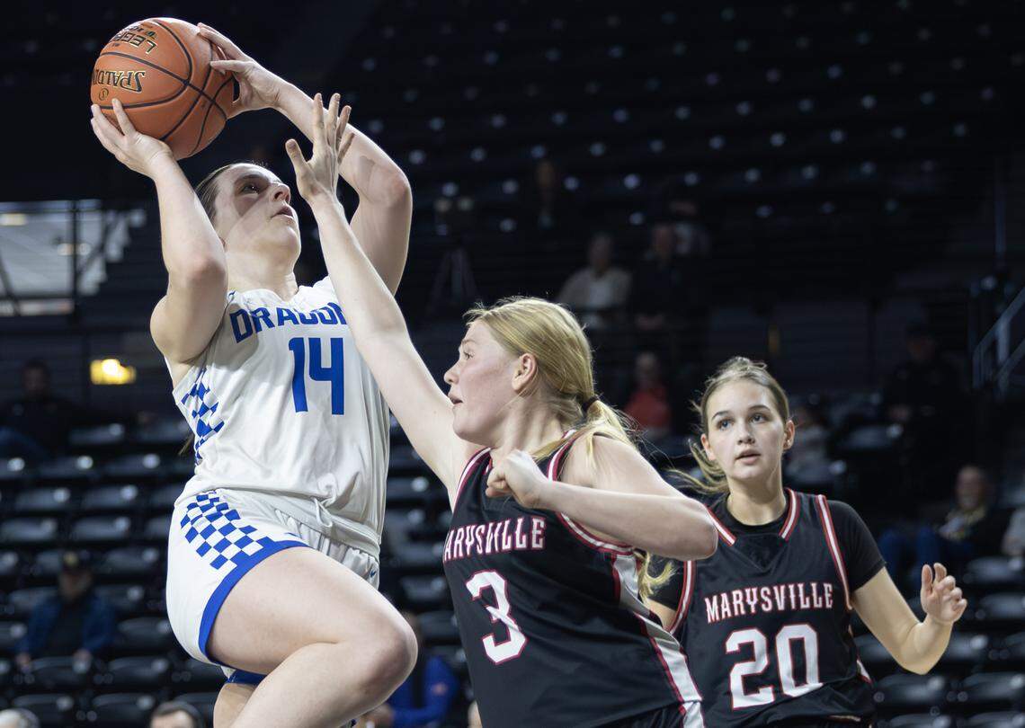 Halstead’s Onnyka Nedich takes a shot against Maryville’s Aubrey Dressman during the second quarter of their class 3A quarter final game at Koch Arena on Wednesday.