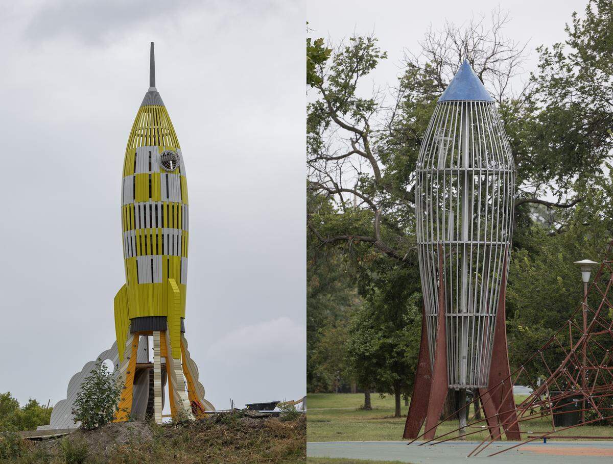 The new rocket at Exploration Place, left, has brought up memories of the one in Riverside Park, right. When the new rocket was installed, Exploration Place president and CEO Adam Smith said he wasn’t prepared for the hundreds, literally, of comments he’d get about it. “As soon as people from Wichita saw this rocket, they started getting misty eyed and nostalgic.”