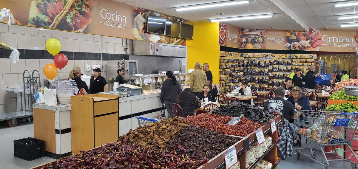 El Rio Bravo Supermarket has a big meat counter, lots of inexpensive produce and even a little cafe inside.