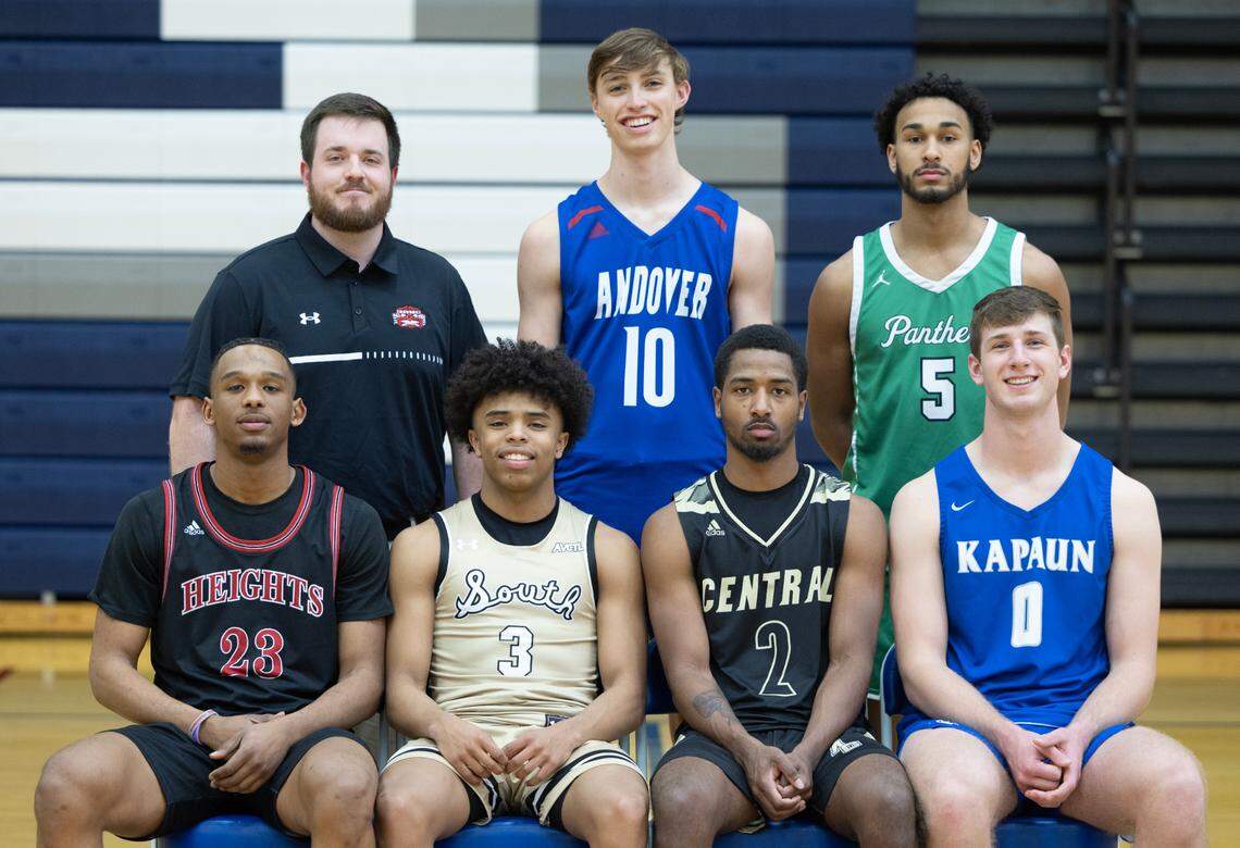 The 2023 Wichita Eagle All-Metro boys basketball team: (from top left to right) Hesston coach Garrett Roth, Andover’s Eli Shetlar, Derby’s Kaeson Fisher-Brown; (from bottom left to right) Heights’ T.J. Williams, Maize South’s Isaiah Atwater, Andover Central’s Kobe Smith, Kapaun’s Will Anciaux.