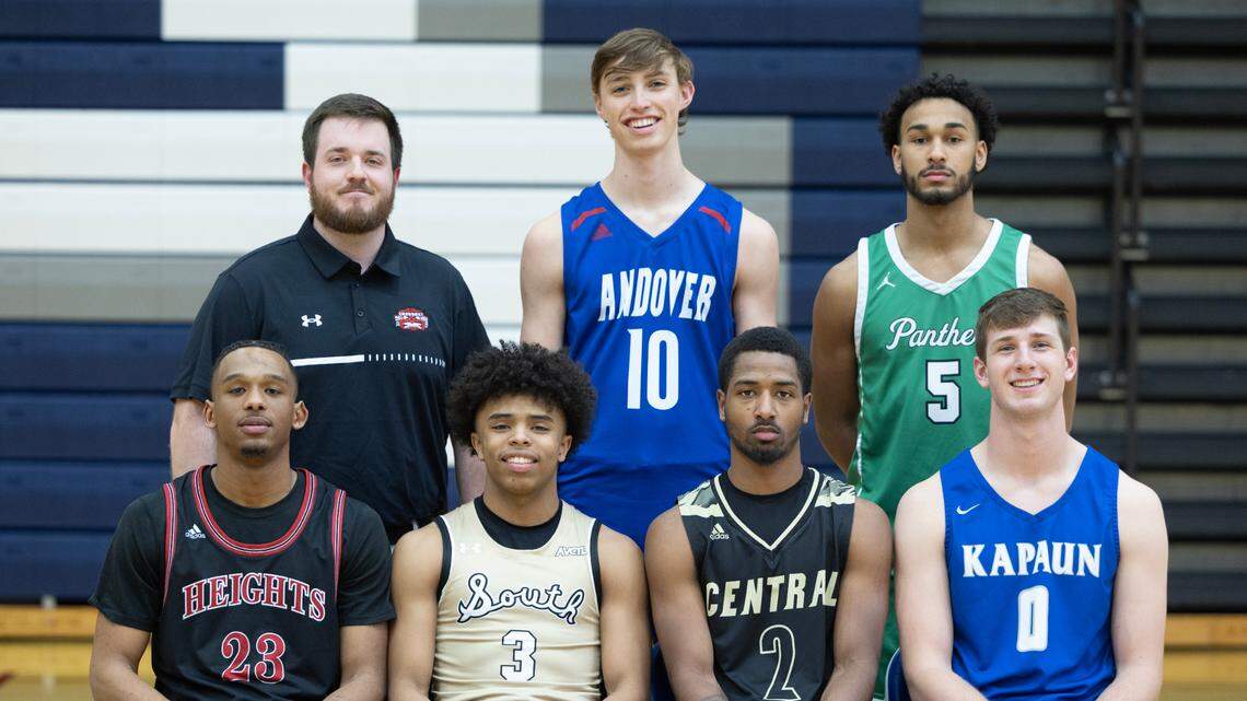 The 2023 Wichita Eagle All-Metro boys basketball team: (from top left to right) Hesston coach Garrett Roth, Andover’s Eli Shetlar, Derby’s Kaeson Fisher-Brown; (from bottom left to right) Heights’ T.J. Williams, Maize South’s Isaiah Atwater, Andover Central’s Kobe Smith, Kapaun’s Will Anciaux.