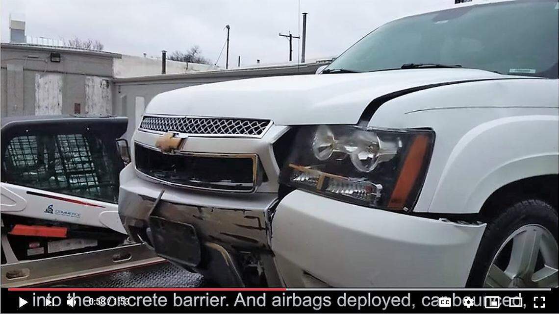 This still image shows a Wichita city pickup truck damaged in an accident in January involving two City Council members and a department head. News of the accident surfaced this week in a public-service video posted on YouTube to encourage seatbelt usage.