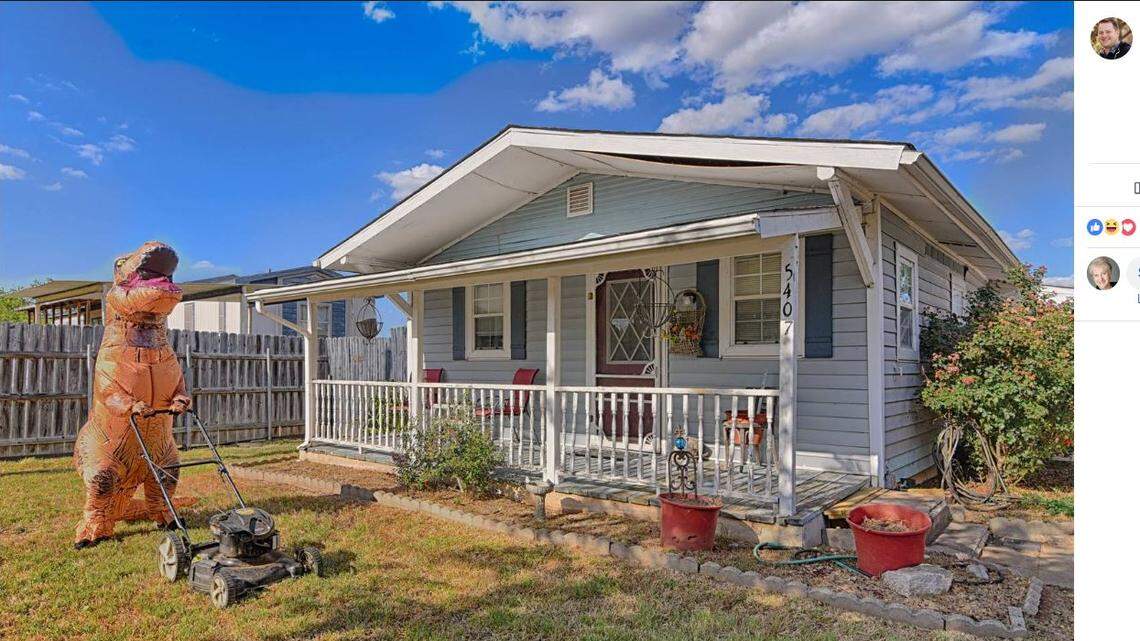 Real estate agent Casey Lewis listed a Granbury, Texas home for sale with photos and video of an inflatable dinosaur using the home — and taking care of the lawn.