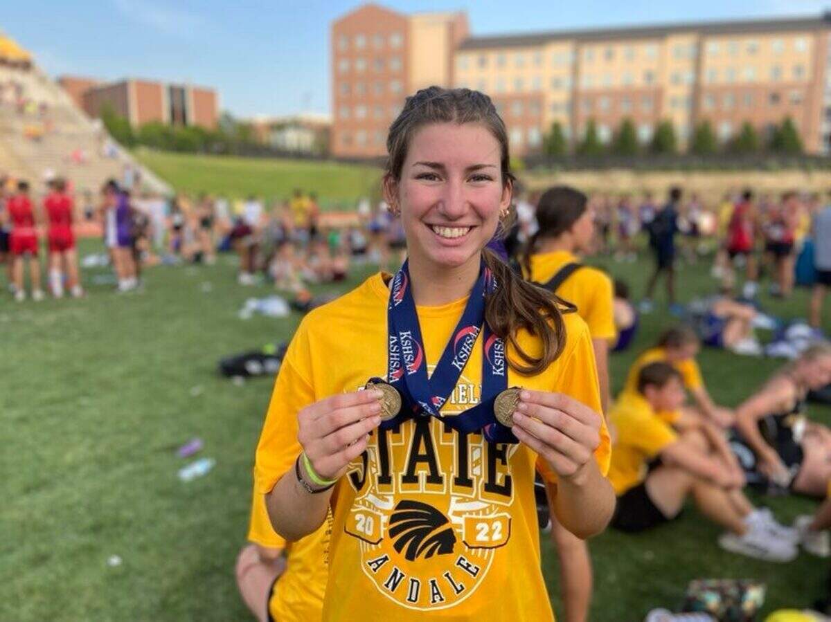 Andale junior Maddie Schrandt won a total of three gold medals, winning the open 200 and 400 races and running a leg on Andale’s title-winning 1600 relay team.